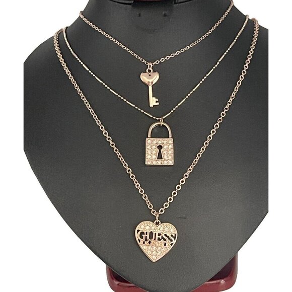 Guess Rose Gold Pave Crystal Lock-Key-Heart Charms Triple Strand Chain Necklace - Picture 3 of 7